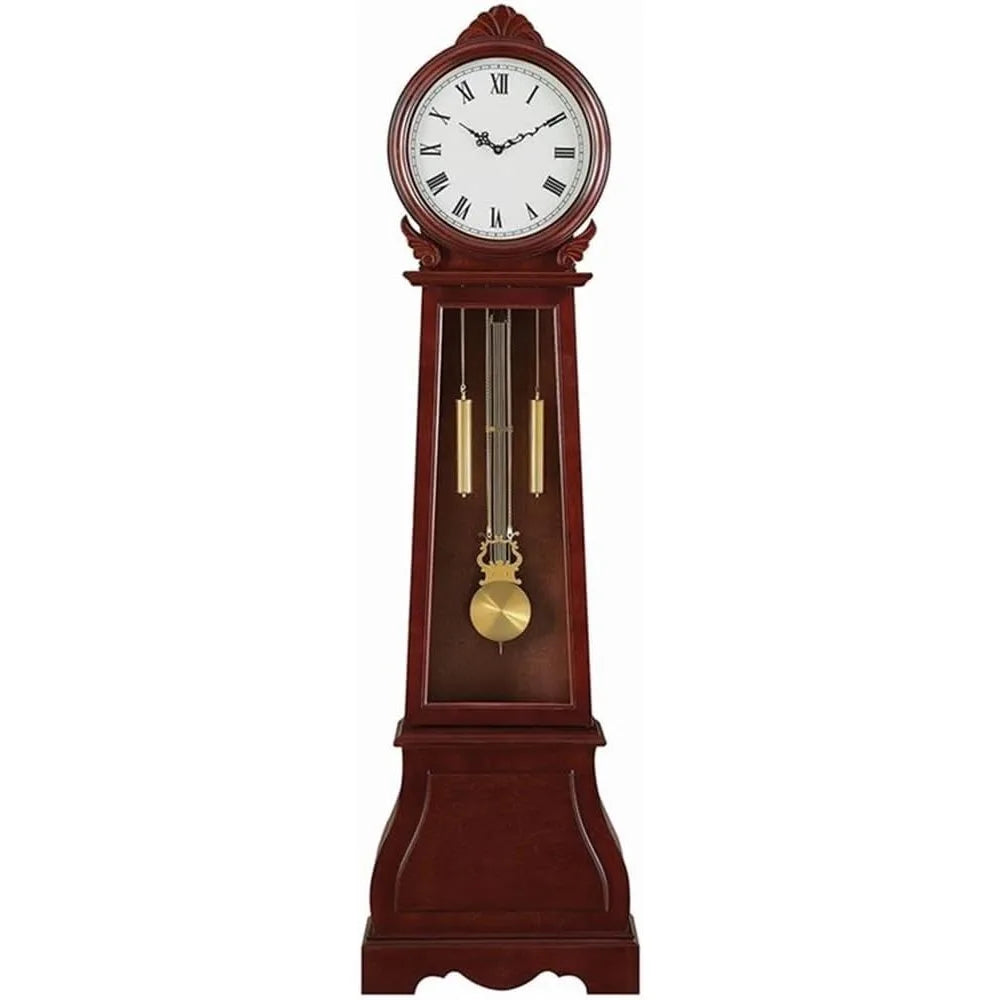 Front view of a Grandfather clock with a chime, showing brass pendulum and Roman numeral clock face.