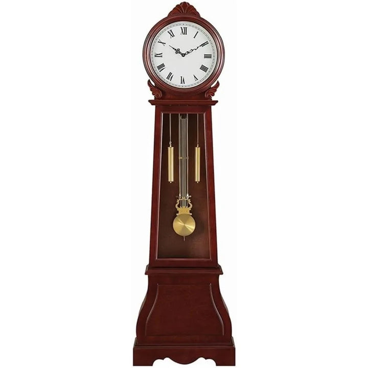 Front view of a Grandfather clock with a chime, showing brass pendulum and Roman numeral clock face.