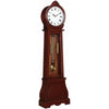 Grandfather clock placed in a living room, showcasing a brown-red finish and brass pendulum.