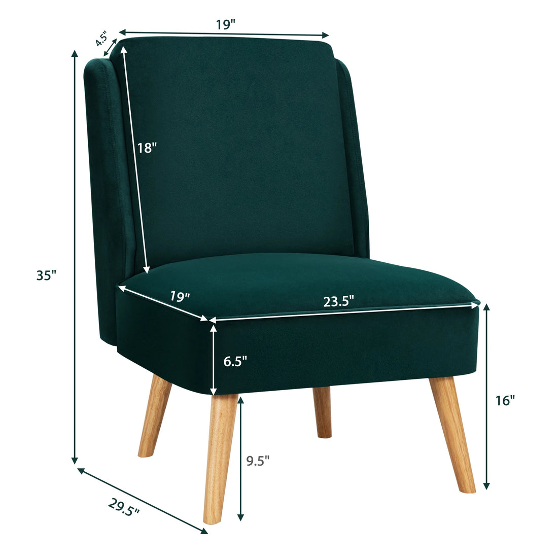 Dimension guide of a green accent chair showing seat width, depth, and back height, featuring rubber wood legs for sturdy support.