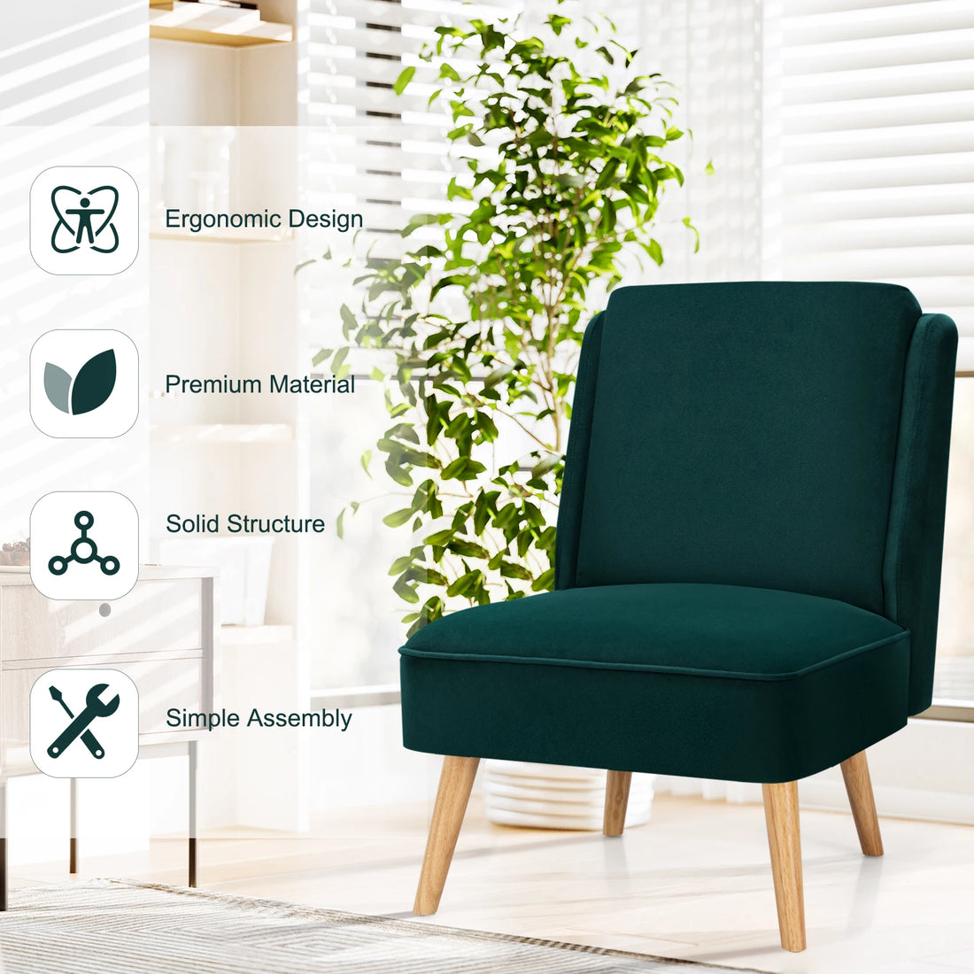 Green accent chair featuring an ergonomic design, premium upholstery, and solid rubber wood legs, emphasizing comfort and durability.