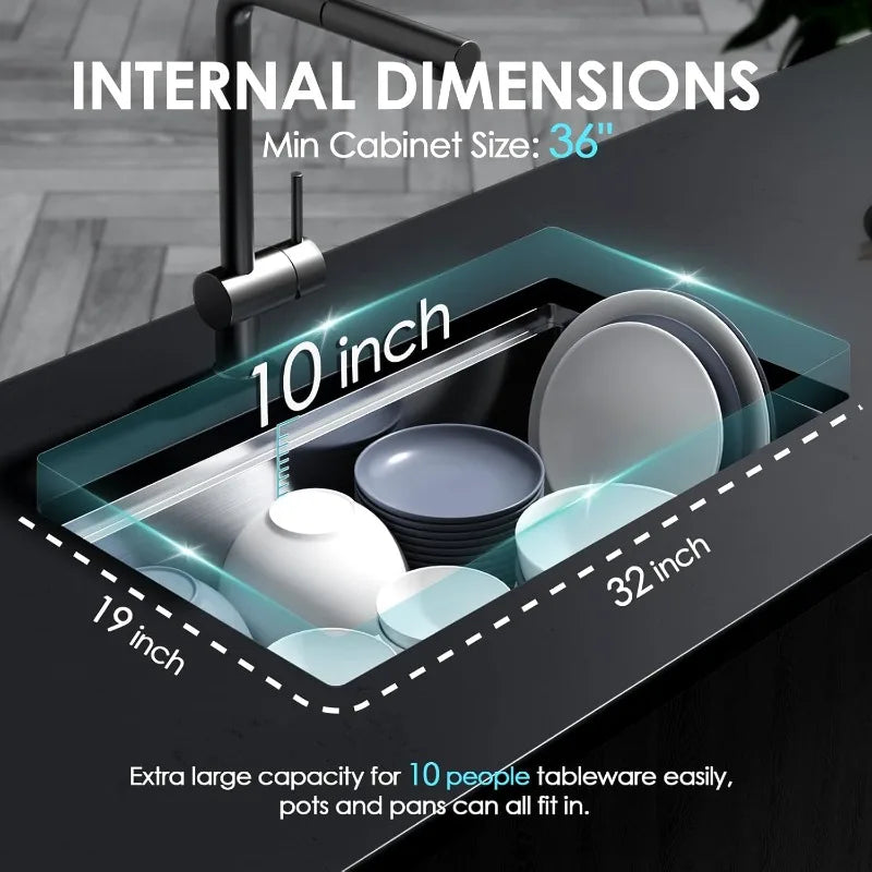 Dimensions of 32 x 19 x 10 inch undermount stainless steel kitchen sink with large capacity.