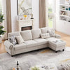 Full view of the beige L-shaped sectional sofa in a well-lit living room, with pillows and a relaxing ambiance.