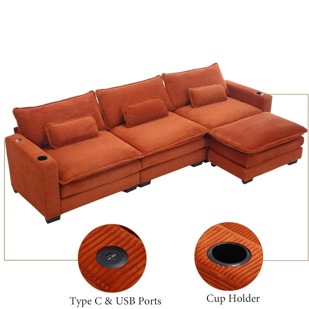 L-shaped sectional sofa with Type C and USB ports, featuring built-in cup holders.