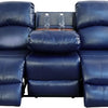 Luxury blue leather recliner sofa with 2 cup holder console, perfect for modern living rooms and home theaters







