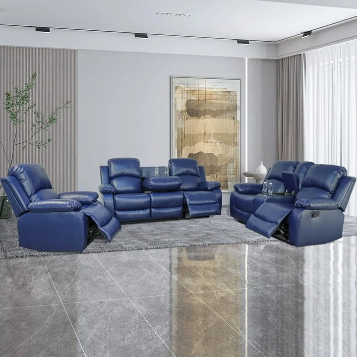 Luxury blue leather recliner sofa with 2 cup holder console, perfect for modern living rooms and home theaters







