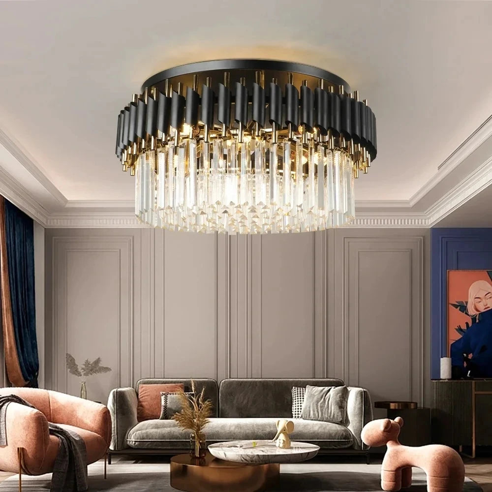 Living room modern black and gold crystal chandelier with LED lighting for elegant decor