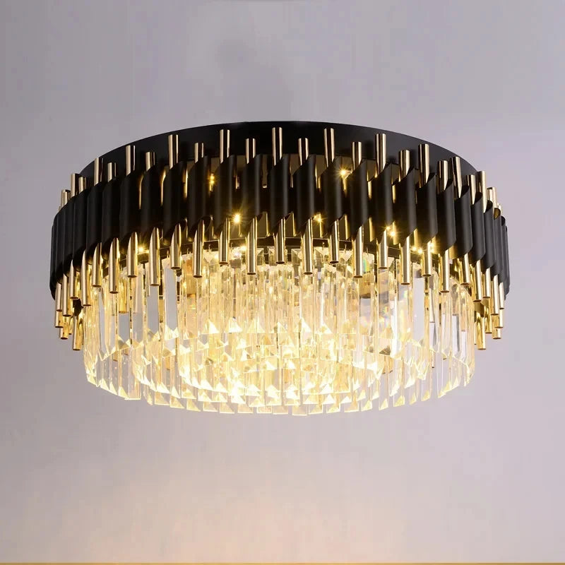 Luxury black and gold ceiling light with cascading crystal design and modern LED bulbs