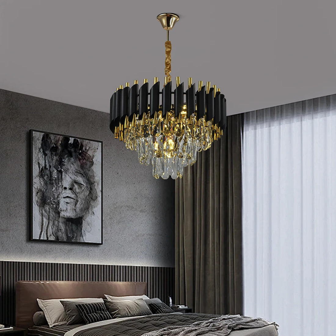 Elegant luxury black and gold crystal chandelier as ceiling light for contemporary bedrooms