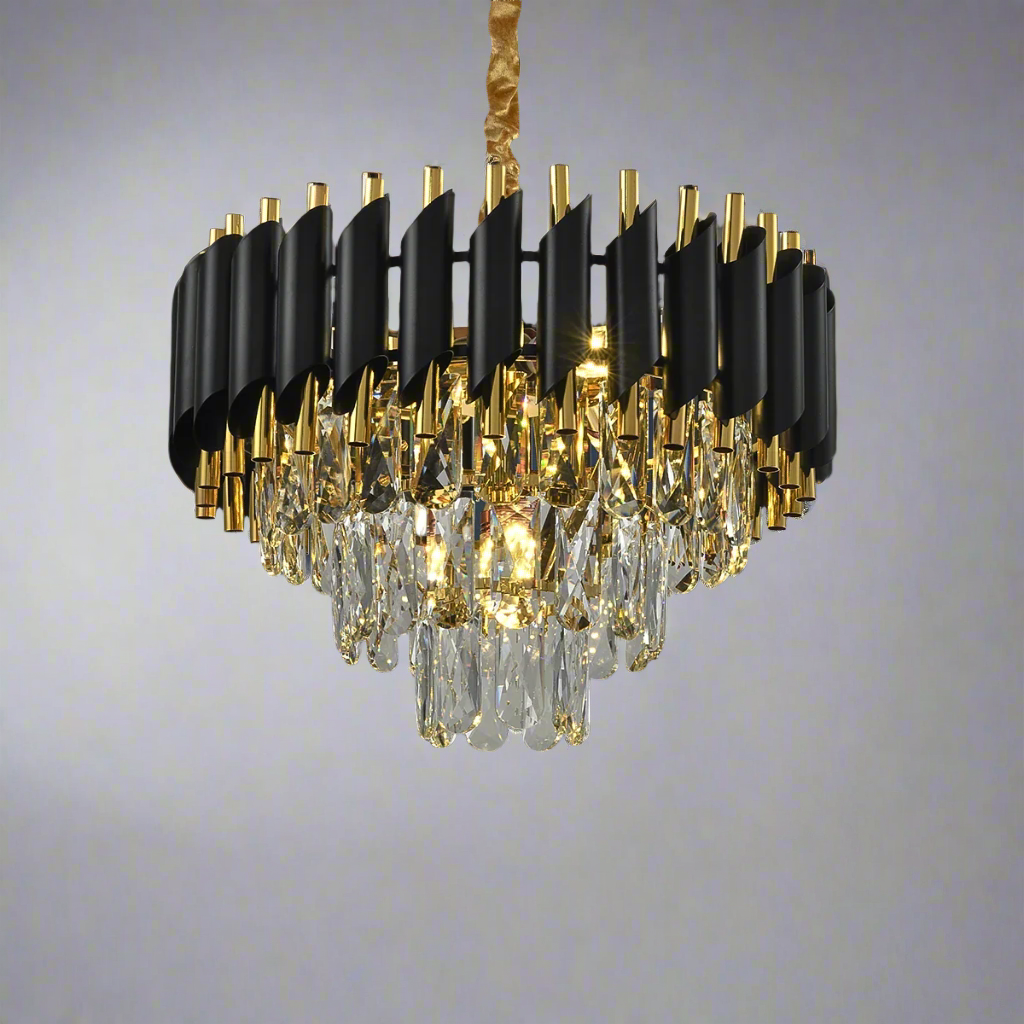 Modern 3-Story Black and Gold Crystal Chandelier – Round Ceiling Lighting for Living Room, Dining Room, and Foyer