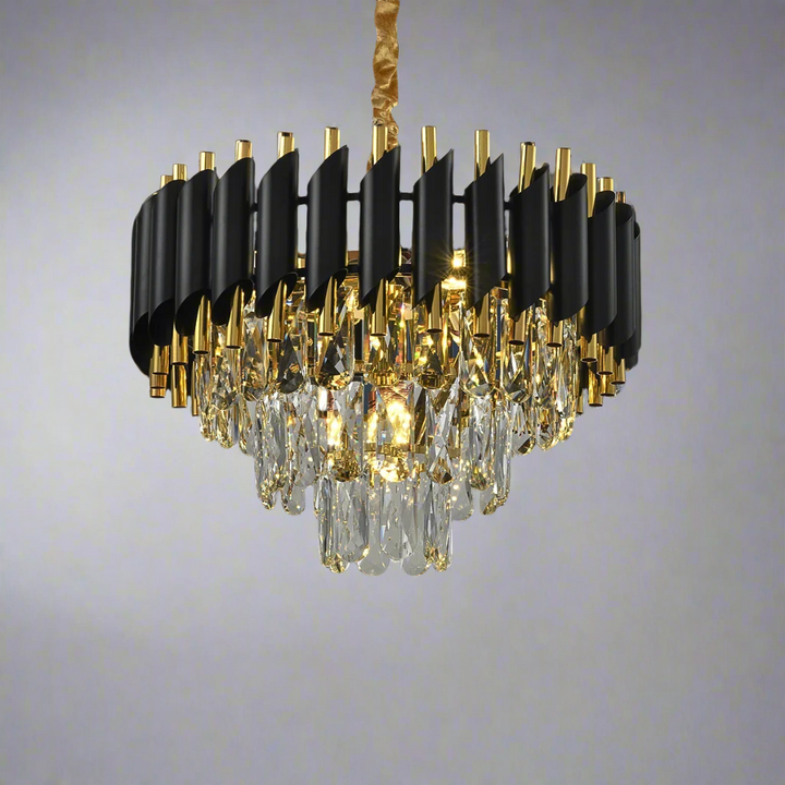 Modern 3-Story Black and Gold Crystal Chandelier – Round Ceiling Lighting for Living Room, Dining Room, and Foyer