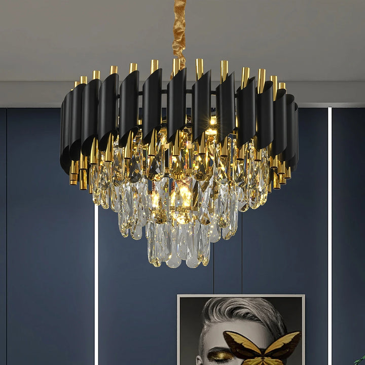 Stylish Black and Gold Crystal Chandelier as modern ceiling lighting for dining rooms