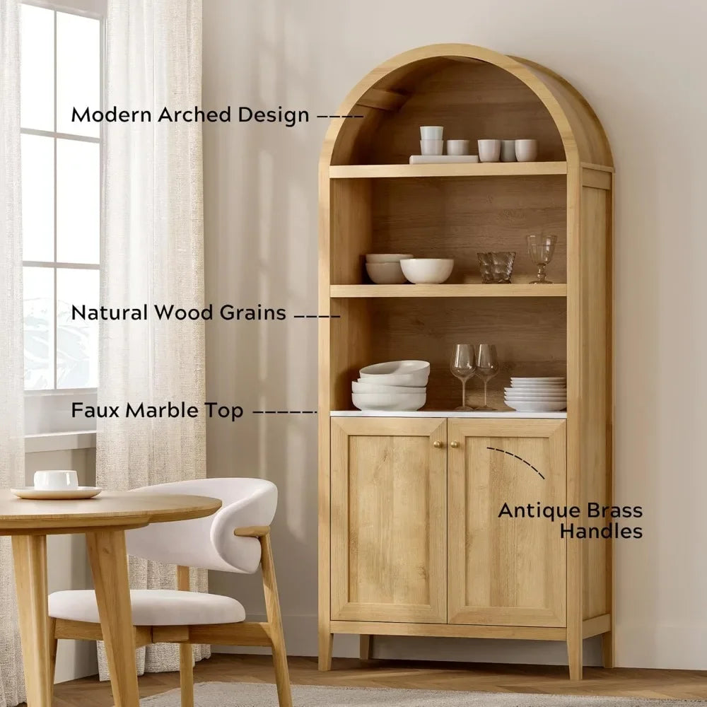 Modern arched oak bookcase cabinet with elegant natural wood grains and antique brass handles.