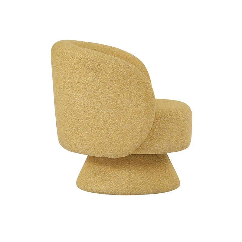 Side view of a modern sherpa barrel chair in yellow, complete with a plush seat, armrest curve, and 360-degree swivel base for stylish comfort.

