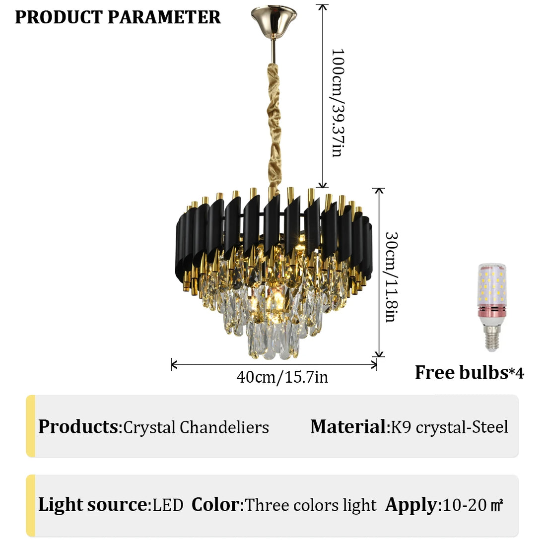 Product specifications for Modern Black and Gold Crystal Chandelier, including dimensions and features.