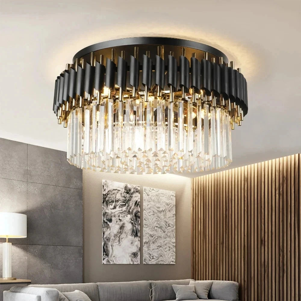 Modern LED black and gold crystal ceiling chandelier for luxurious living room lighting