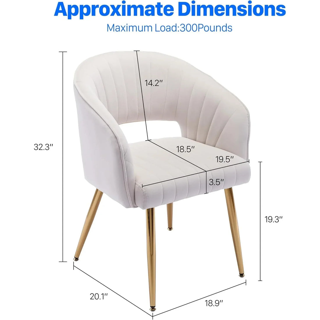 Dimension diagram for a cream velvet tufted accent chair, showing seat width, back height, and overall measurements with a 300-pound load capacity.

