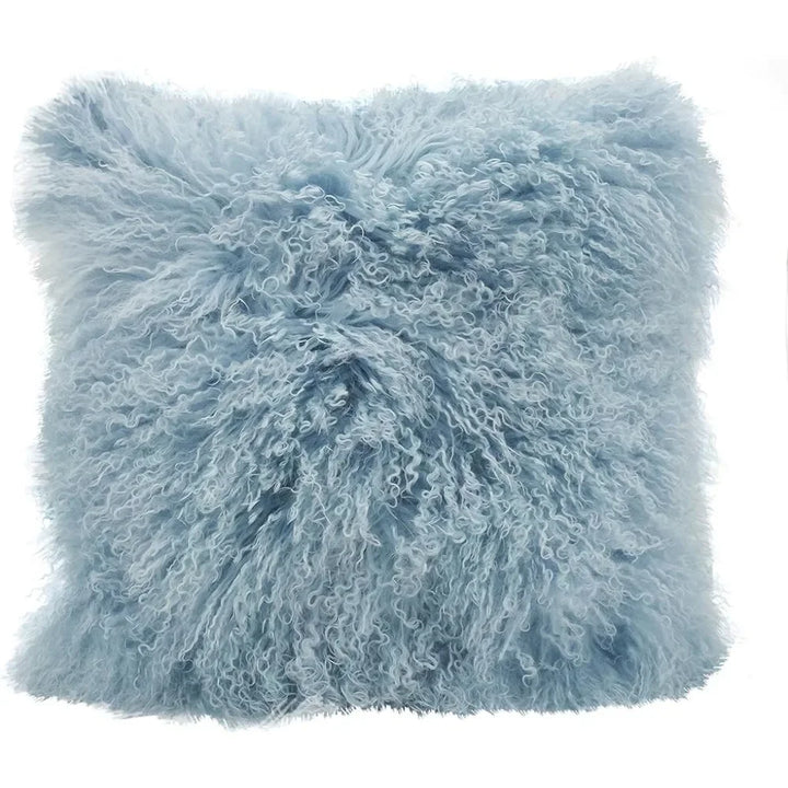 Front view of a 20-inch square Mongolian lamb fur throw pillow in light blue, featuring a luxurious, curly wool texture and plush finish.

