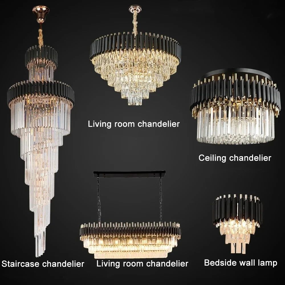 Various crystal chandelier styles for living room, staircases, and bedside lighting