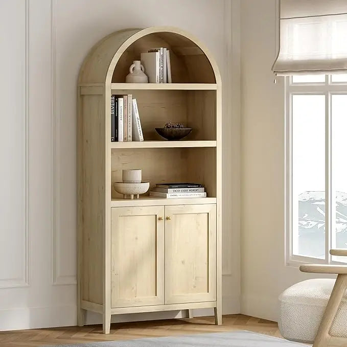 Front view of the 71-inch tall arched cabinet with 5-tier shelves, perfect for books and display items.