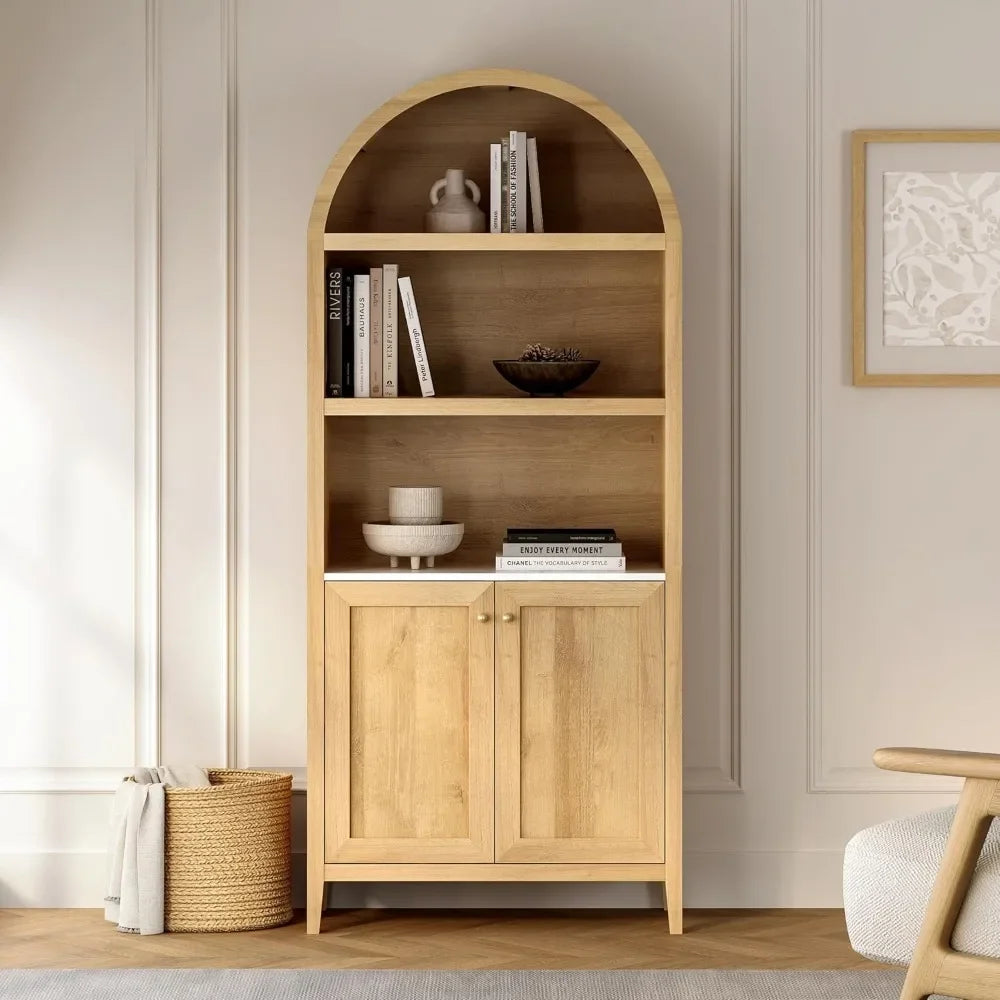 Natural oak arched display cabinet with 5-tier shelves and soft-close hinges for ample storage.