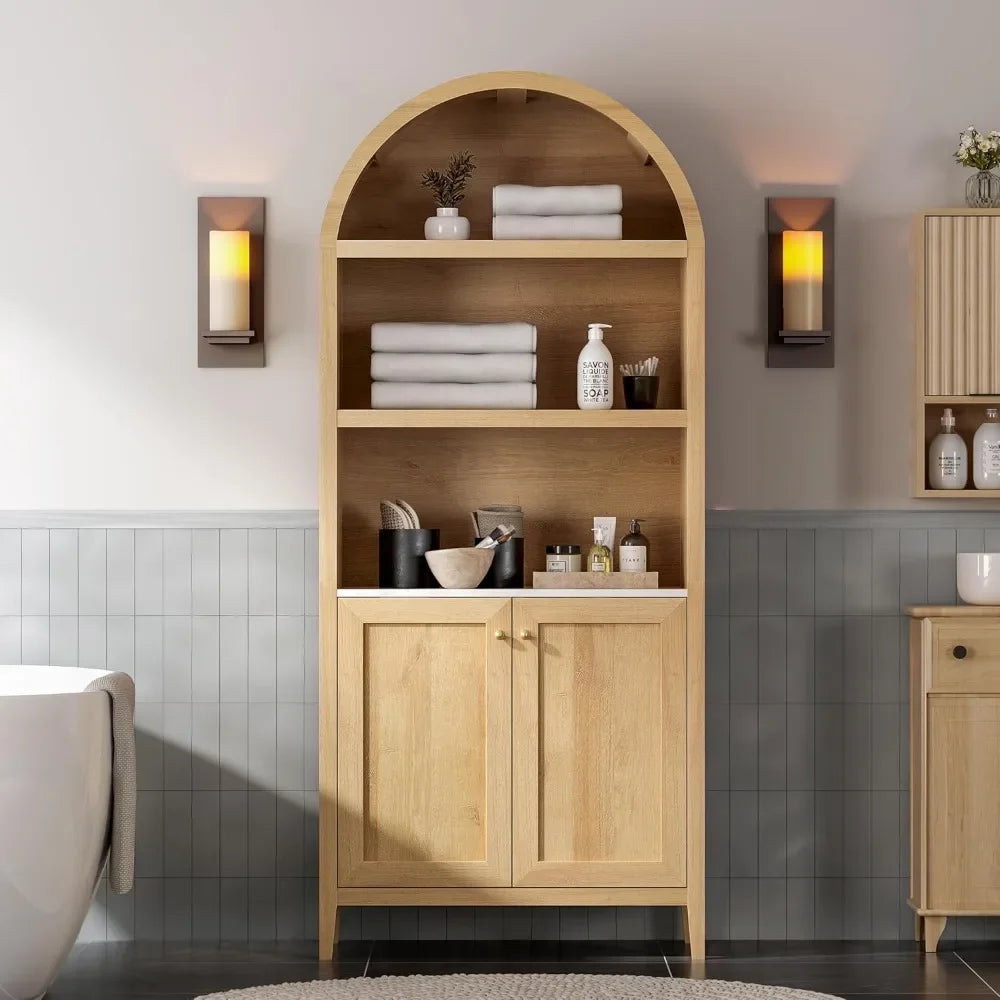 Natural oak arched storage cabinet with a faux marble top and doors, blending style and functionality.