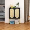 Natural rattan cabinet adorned with decor items, showcasing its modern handmade aesthetic.