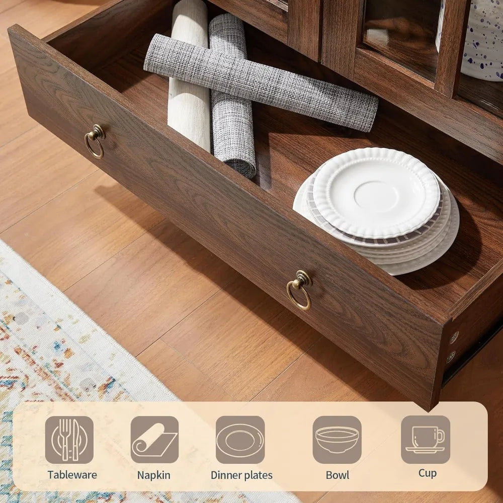 Drawer of a rustic brown arched cabinet, perfect for storing tableware, napkins, and kitchen essentials.