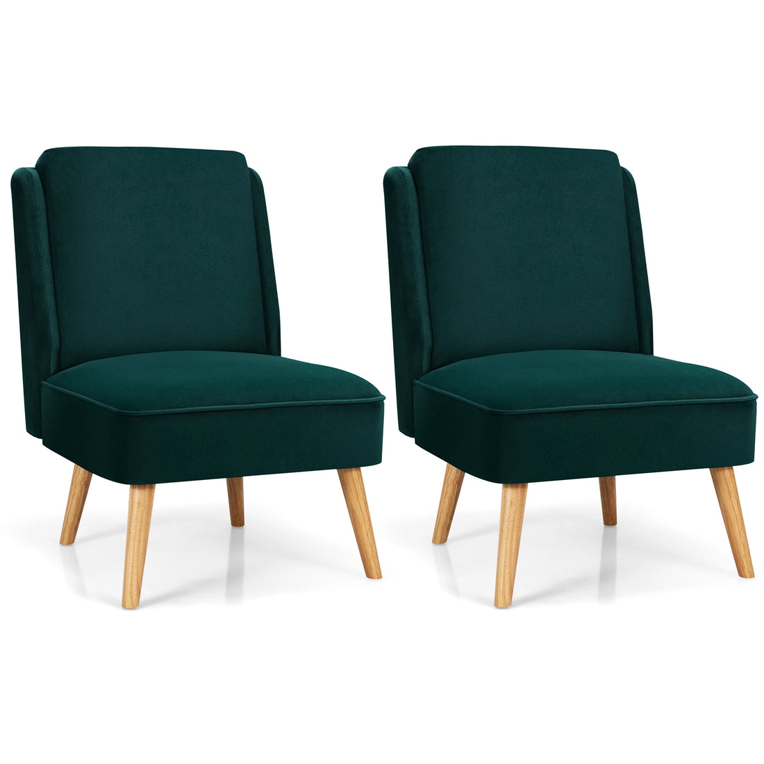 Another front view of two green accent chairs with natural rubber wood legs, designed for stylish and comfortable living room seating.

