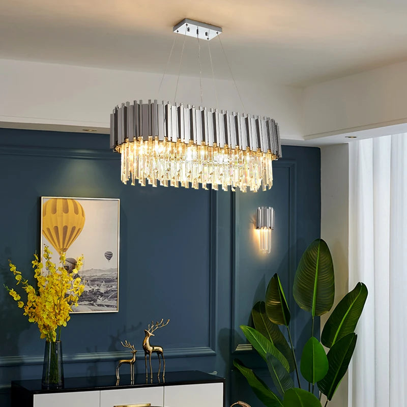 Silver crystal LED chandelier lamp with a sleek design for contemporary interiors