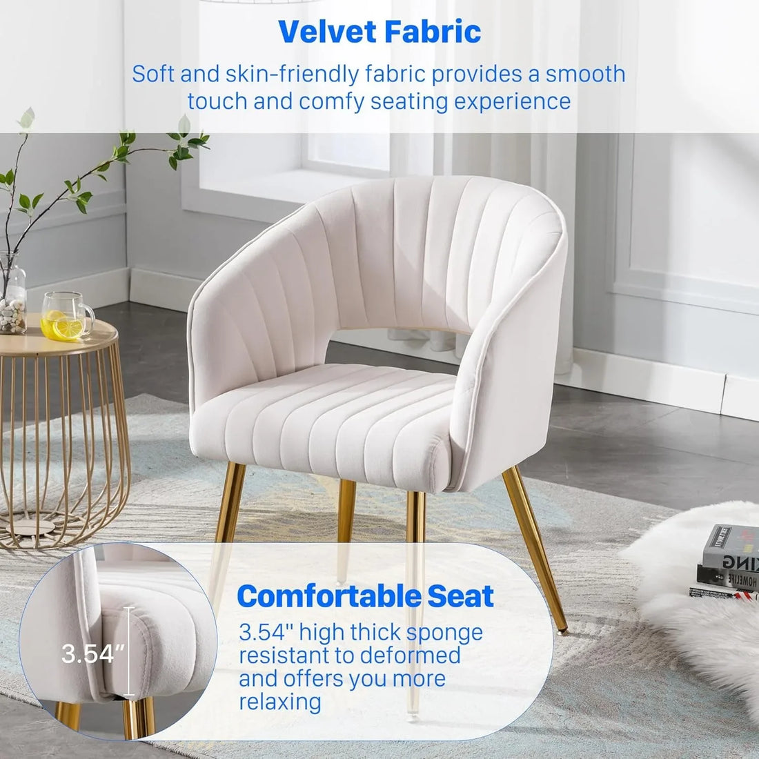 A cream velvet accent chair showing the soft, skin-friendly fabric and plush 3.54-inch thick cushion for a comfortable seating experience.

