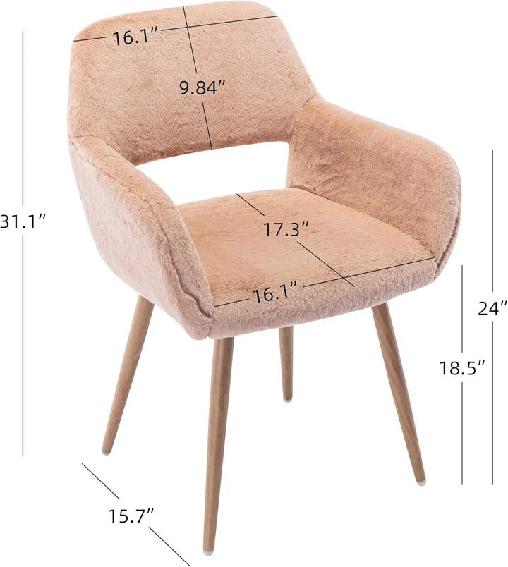 Dimension diagram of a camel-colored SSLine faux fur vanity chair showing seat width, back height, and wooden leg measurements for a modern makeup desk.

