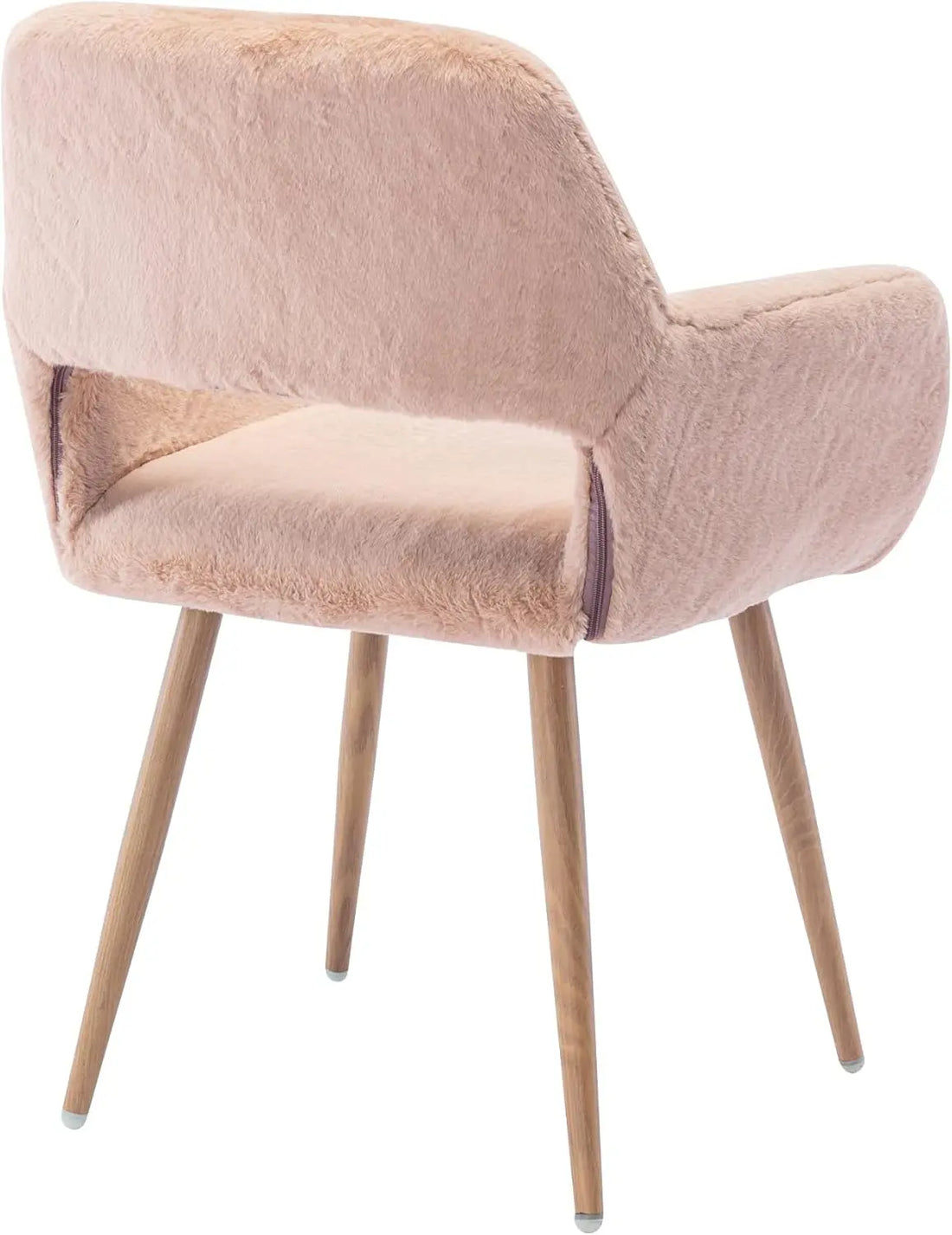 Rear view of an SSLine camel faux fur vanity chair showcasing the open-back design, plush seat, and sleek wooden legs.