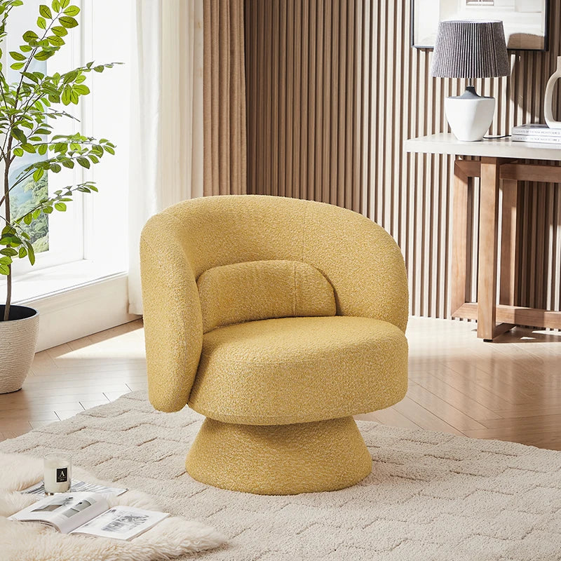 A modern yellow sherpa accent chair with a 360-degree swivel base displayed in a bright living room, featuring a comfortable barrel design and matching throw pillow.

