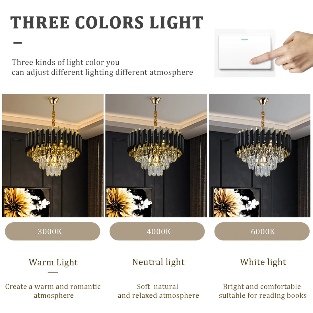 Three-color LED lighting options for the Black and Gold Crystal Chandelier: Warm, Neutral, and White.