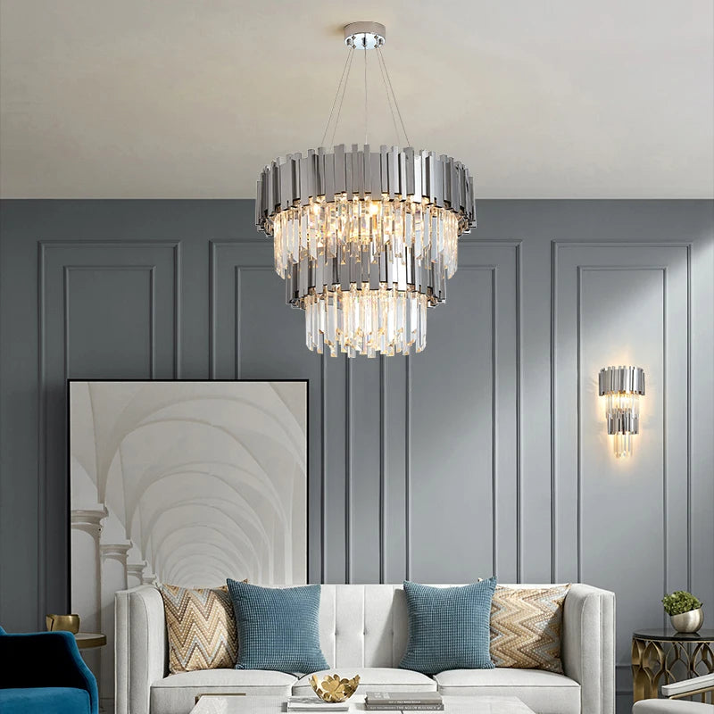 Tiered silver crystal LED chandelier lamp for elegant foyer and living spaces