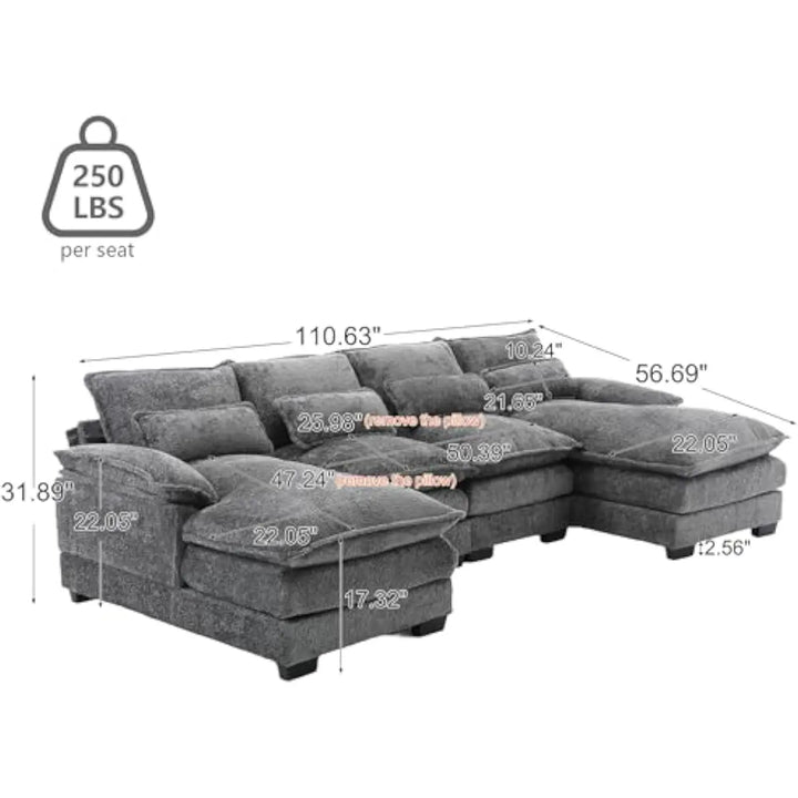 Dimension diagram of a chenille U-shaped sectional sofa showing seat depth, overall length, and 250-pound weight capacity per seat.

