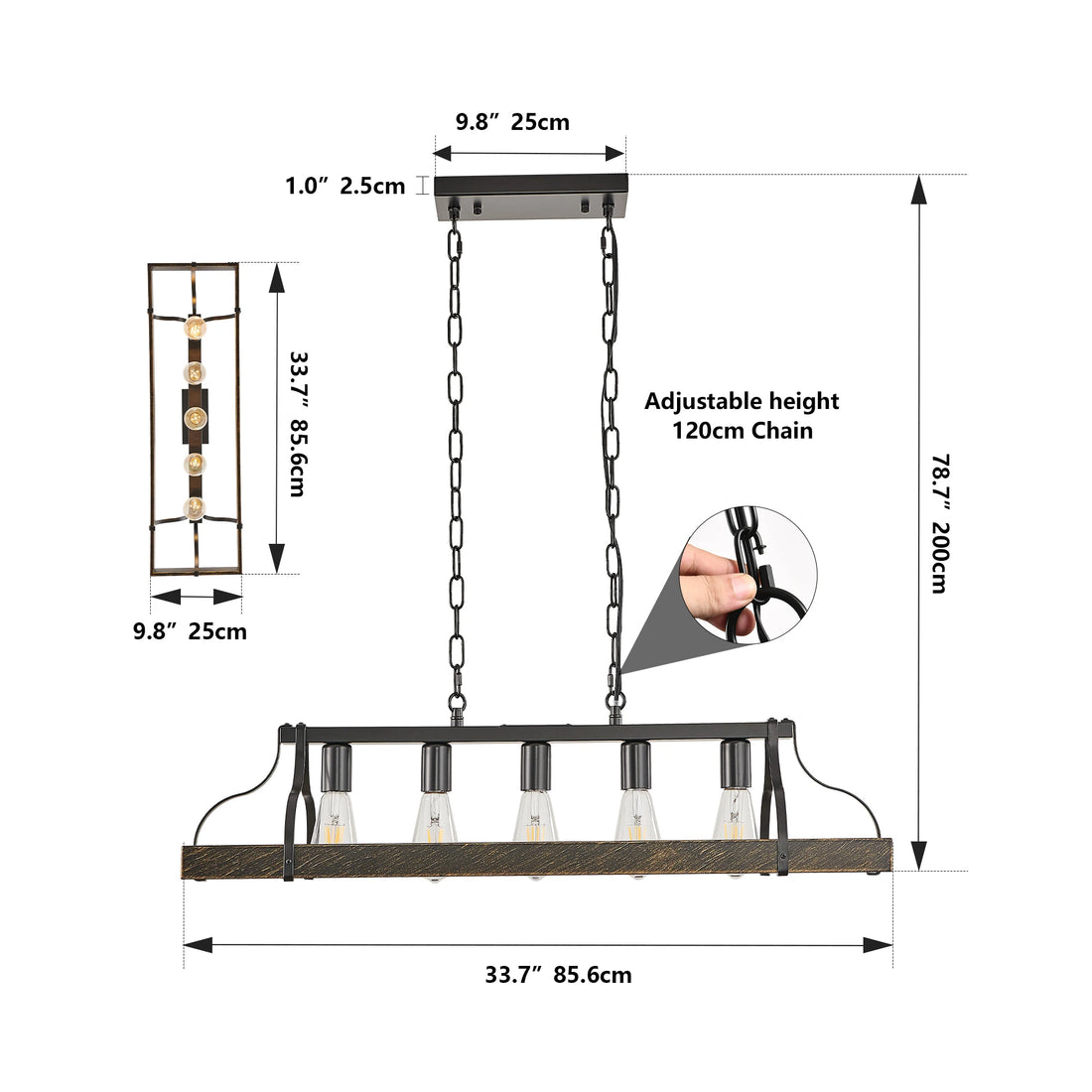 Dimensions of black and gold vintage pendant light with adjustable height.