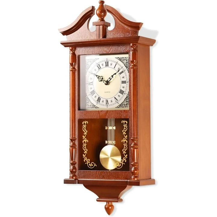 A vintage-style wall clock with a pendulum and Roman numerals, displayed on a wooden frame.