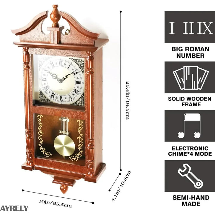 Front view of the vintage wall clock with large Roman numerals, a pendulum, and intricate design details on the frame.