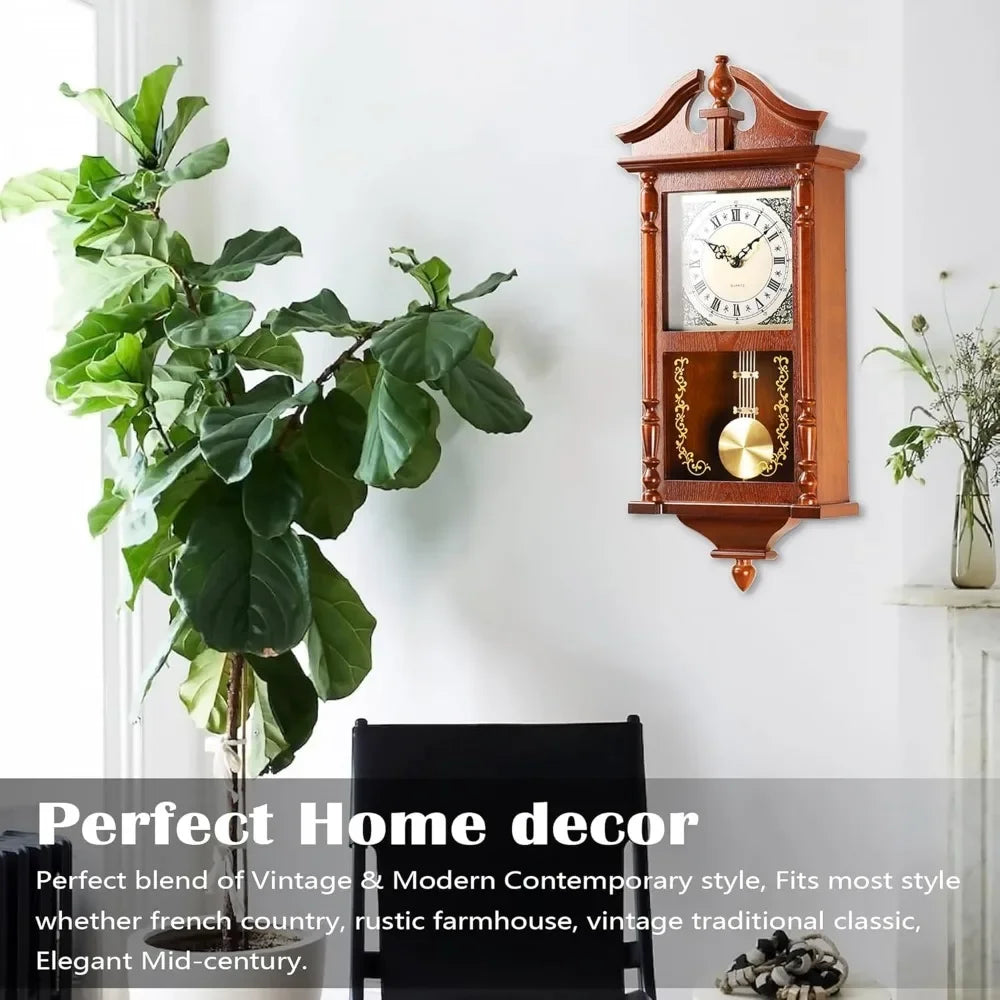 Wall clock featuring a vintage design with Roman numerals, placed in a living room with a modern vibe.