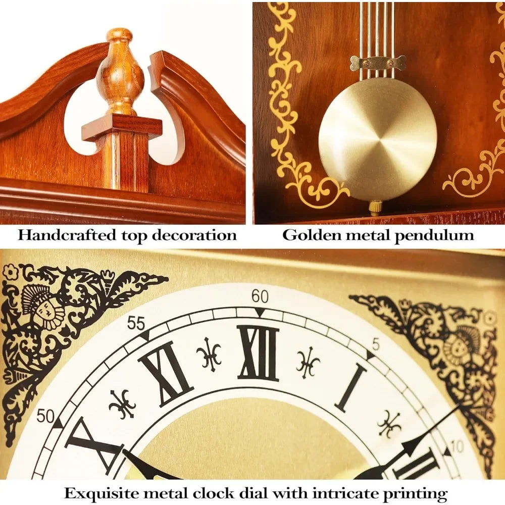 Close-up of the handcrafted top decoration and the golden metal pendulum of the vintage wall clock.