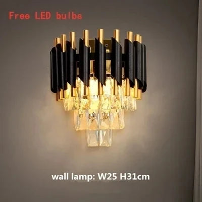 Wall-mounted crystal lamp with black and gold design and LED light for accent lighting