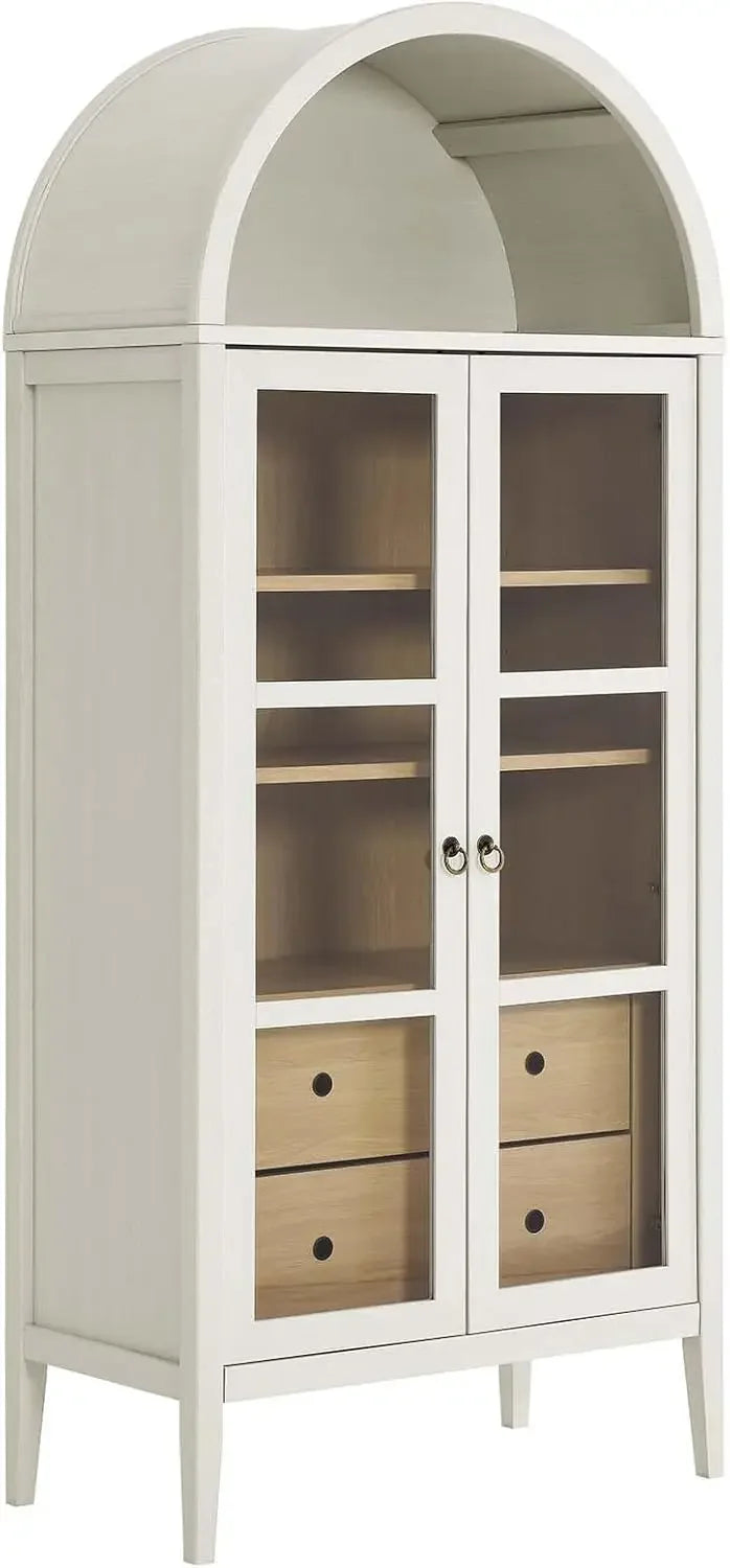 Tall white arched storage display cabinet with natural oak drawers and glass doors for modern homes.