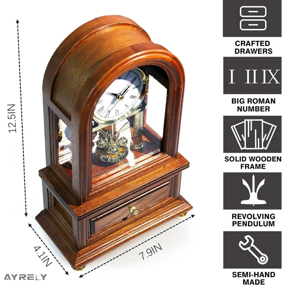 Close-up image of a wooden mantel clock featuring a revolving pendulum and Roman numerals.