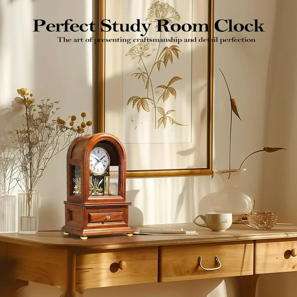 Wooden mantel clock placed on a desk in a room with decorative plants and framed art in the background.