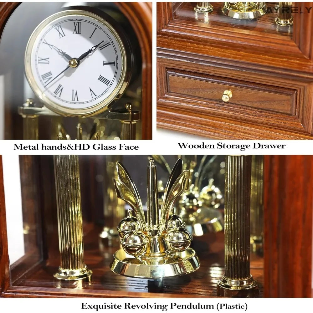 Close-up image of the clock with detailed views of the metal hands, wooden storage drawer, and revolving pendulum.