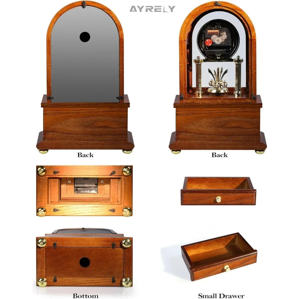 Different angles of the back and bottom of the wooden mantel clock, showing its structure and small drawer.