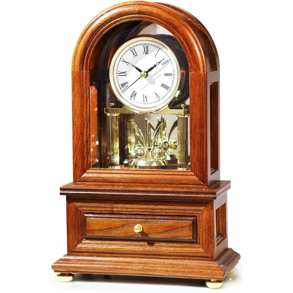  Back and Bottom Views of Wooden Table Anniversary Clock with Revolving Pendulum and Small Storage Drawer.