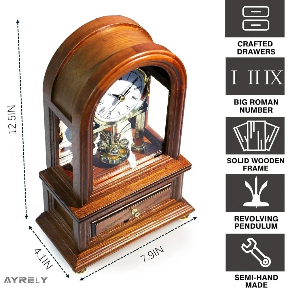 Wooden Table Anniversary Clock with Revolving Pendulum, Solid Wood Frame, and Big Roman Numbers for Living Room.